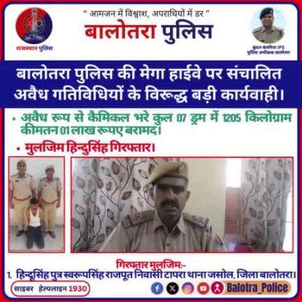 #Balotra: बालोतरा पुलिस की मेगा हाईवे पर संचालित अवैध गतिविधियों के विरूद्ध बड़ी कार्यवाही।

अवैध रूप से कैमिकल भरे कुल 07 ड्रम में 1205 किलोग्राम कीमतन 01 लाख रूपए बरामद।