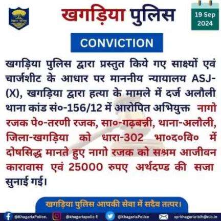 खगड़िया पुलिस द्वारा प्रस्तुत किये गए साक्ष्यों एवं चार्जशीट के आधार पर माननीय न्यायालय ASJ-(X), खगड़िया द्वारा हत्या के मामले में  दोषसिद्ध मानते हुए नागो रजक को सश्रम आजीवन कारावास एवं 25000 रुपए अर्थदण्ड की सजा सुनाई गई।