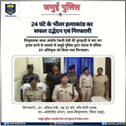 24 घंटे के भीतर हत्याकांड का सफल उद्भेदन एवं गिरफ्तारी

 सिमुलतला थाना अंतर्गत कुल्हाड़ी से मारकर हत्या करने के मामले में 01 अभियुक्त को किया गया गिरफ्तार।
#biharpolice 
#jamuipolice