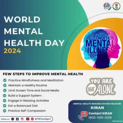 Today is #WorldMentalHealthDay! If you're struggling with depression, follow a few steps to improve your mental health & reduce stress.

Remember, you are not alone—contact the #KIRAN helpline at 1800-599-0019. #pibindia