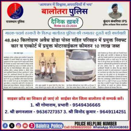 #Balotra: दैनिक खबरें -VI 
02.10.2024

#WellDoneCops #BalotraPolice #RajasthanPolice #Arrest #FIR #Accused #Accusedarrest #GoodJob #Good_work