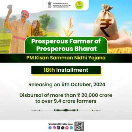 The 18th installment of #PMKisan will be released on 5th October, 2024, to more than 9.4 crore farmers, with more than ₹20,000 crore being transferred to the beneficiaries' bank accounts through Direct Benefit Transfer.