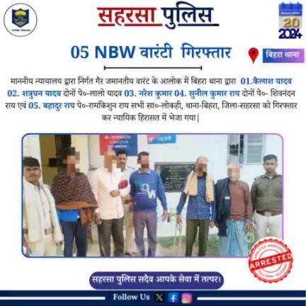 बिहरा थाना द्वारा 05 वारंटी को गिरफ़्तार किया गया.......

Bihar Police 
Home Department, Govt. of Bihar 
#Saharsapolice