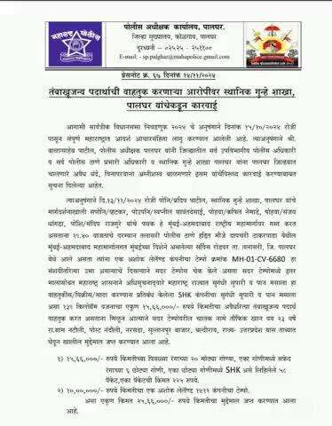 तंबाखूजन्य पदार्थाची वाहतूक करणाऱ्या आरोपीवर स्थानिक गुन्हे शाखा पालघर कडून यशस्वी कारवाई.