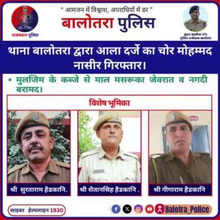 #Balotra: थाना बालोतरा द्वारा आला दर्जे का चोर मोहम्मद नासीर गिरफ्तार।

मुलजिम के कब्जे से माल मसरूका जेवरात व नगदी बरामद।

#BalotraPolice #WellDoneCops