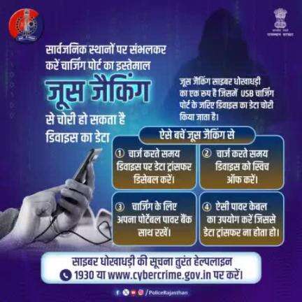 ऐसे मामले की सूचना तुरंत साइबर हेल्पलाइन 1930 या cybercrime.gov.in पर दें। 

#JaipurPolice 
#JuiceJacking
#CyberCrime