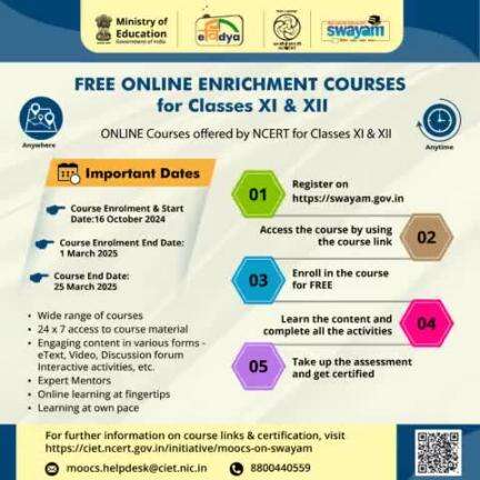 Enrich your knowledge by learning through FREE online courses offered by NCERT on the SWAYAM portal. The courses are designed for students in Grades XI and XII across 11 subjects.