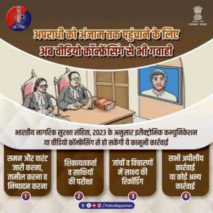 भारतीय नागरिक सुरक्षा संहिता, 2023 के विभिन्न कानूनी कार्रवाई वीडियो कॉन्फ्रेंसिंग के माध्यम से संपन्न किए जाने के प्रावधान से आसान हुई कानूनी प्रक्रिया। 

शिकायतकर्ता व गवाह अपने बयान अब इलेक्ट्रोनिक कम्युनिकेशन व वीडियो कॉन्फ्रेंसिंग के ज