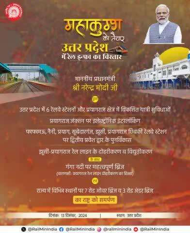 माननीय प्रधानमंत्री #narendramodi जी द्वारा उत्तर प्रदेश के प्रयागराज में इलेक्ट्रॉनिक इंटरलॉकिंग, नए रेल पुल, 7 रोड ओवर ब्रिज, 3 रोड अंडर ब्रिज सहित यात्री सुविधाओं का राष्ट्र को समर्पण। 
#RailInfra4UttarPradesh #Railways4Mahakumbh

लाइव द