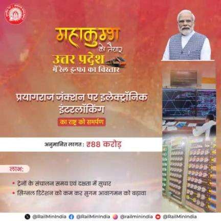उत्तर प्रदेश के प्रयागराज जंक्शन रेलवे स्टेशन पर इलेक्ट्रॉनिक इंटरलॉकिंग के प्रावधान से राज्य में ट्रेन संचालन की समग्र दक्षता में सुधार तथा सुगम आवागमन सुनिश्चित होगा।   #RailInfra4UttarPradesh #Railways4Mahakumbh
