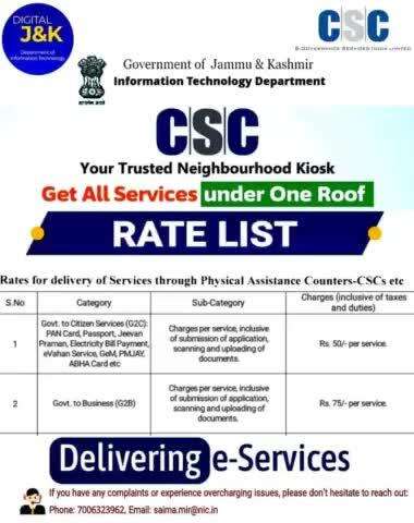 Rate List of for Services at CSC Centres