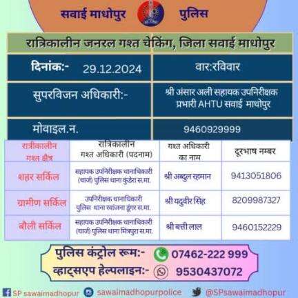 #पुलिससवाईमाधोपुर क्षेत्र में निम्नांकित अधिकारियों की आज रात्रिकालीन गश्त 
11 PM से 5 AM तक रहेगी
रात्रि मे किसी प्रकार की सहायता के लिए निम्नांकित अधिकारियो से संपर्क कर सकते हैं। 
#sawaimadhopurpolice आपकी सुरक्षा में हमेशा तत्पर है।