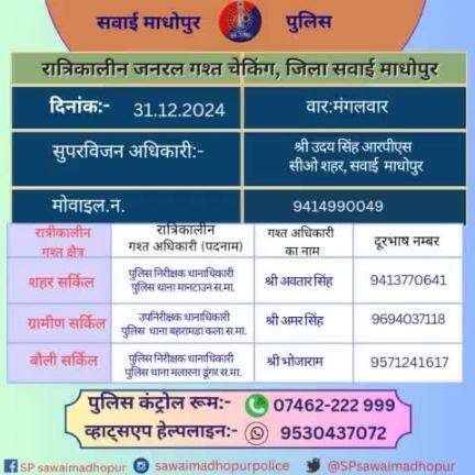 #पुलिससवाईमाधोपुर क्षेत्र में निम्नांकित अधिकारियों की आज रात्रिकालीन गश्त 
11 PM से 5 AM तक रहेगी
रात्रि मे किसी प्रकार की सहायता के लिए निम्नांकित अधिकारियो से संपर्क कर सकते हैं। 
#sawaimadhopurpolice आपकी सुरक्षा में हमेशा तत्पर है।