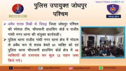 * अवैध शराब बिक्री के विरूद्व जिला जोधपुर पश्चिम की स्पेशल टीम, चौपासनी हाउसिंग बोर्ड व राजीव गांधी नगर थाना की संयुक्त कार्यवाही। 
* पुलिस थाना राजीव गांधी नगर थाना क्षेत्र में गोदाम से अवैध रूप से शराब बेचते 01 व्यक्ति को एवं पुलिस थाना च