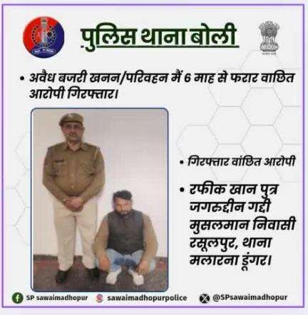 #पुलिससवाईमाधोपुर पुलिस थाना बौली द्वारा 06 माह से फरार अवैध खनन के प्रकरण में बांछित आरोपी गिरफ्तार।