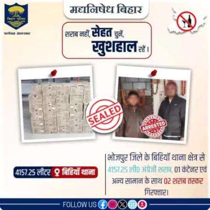 अवैध शराब के विरुद्ध #भोजपुर_पुलिस की बड़ी कार्रवाई...बिहियाॅ थाना क्षेत्र से 01 कंटेनर में लदा कुल-4157.25 ली0 अंग्रेजी शराब बरामद एवं 02 शराब तस्कर गिरफ्तार।