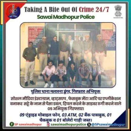 #sawaimadhopurpolice पुलिस थाना मलारना डूंगर द्वारा मोबाइल पर टेलीग्राम  व्हाट्सएप,एप्लीकेशन पर चैनल बनाकर  रुपए डबल व ट्रिपल करने का झांसा देकर साइबर ठग करने वाले 05 अभियुक्त गिरफ्तार।
 #cybercrime