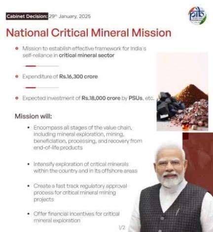 Cabinet Approves 'National Critical Mineral Mission' to build a resilient Value Chain for critical mineral resources vital to Green Technologies, with an outlay of Rs.34,300 crore over seven years