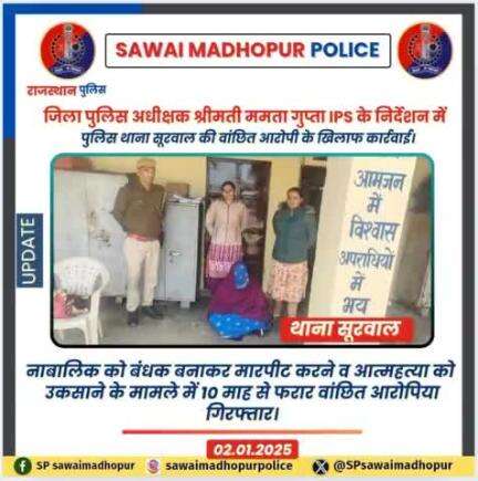 #पुलिससवाईमाधोपुर पुलिस थाना सूरवाल द्वारा  नाबालिक को बंधक बनाकर मारपीट करने व आत्महत्या के लिए उकसाने के मामले हैं 10 माह से फरार आरोपीया गिरफ्तार।