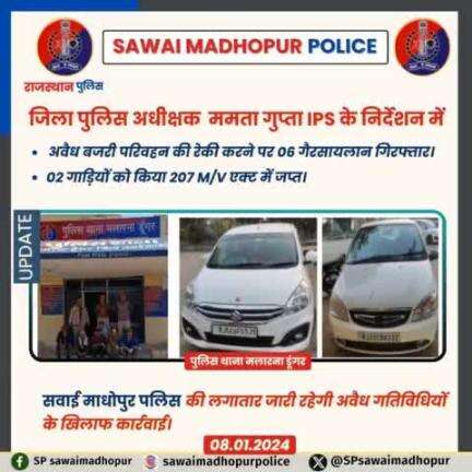 #पुलिससवाईमाधोपुर  पुलिस थाना मलारना डूंगर द्वारा अवैध बजरी परिवहन रेकी करने पर 6 व्यक्तियों को किया गिरफ्तार 02 कार जप्त।