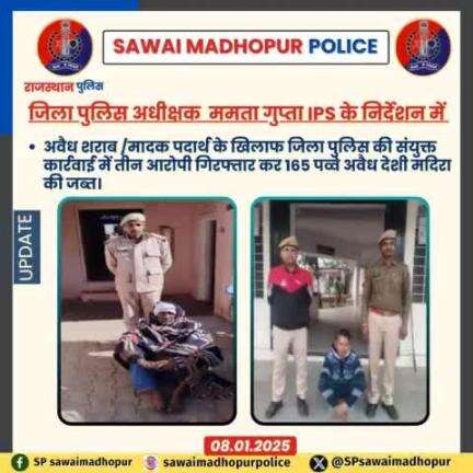 #पुलिससवाईमाधोपुर जिला पुलिस की अवैध शराब/मादक पदार्थ के खिलाफ संयुक्त कार्रवाई 03 आरोपी गिरफ्तार 165 पव्वे अवैध देसी शराब के जप्त।