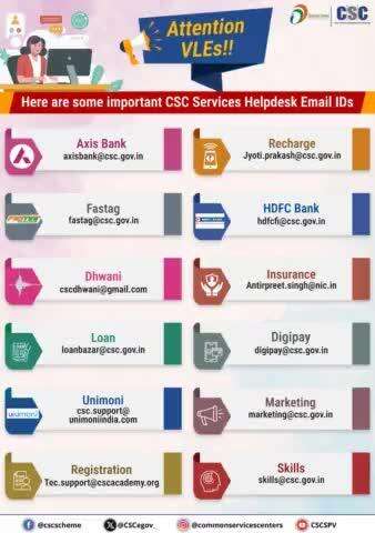 Attention VLEs!!

Here are some important CSC Services _Helpdesk Email IDs...
 #comman service centre #information