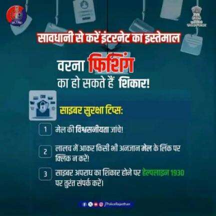 फिशिंग ईमेल और लिंक से रहें दूर! 

इंटरनेट की दुनिया में सुरक्षित रहें, धोखाधड़ी से बचें! 

सूचना एवं संचार प्रौद्योगिकी के इस युग में राजस्थान पुलिस आपके साथ है।