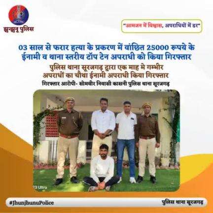 03 साल से फरार हत्या के प्रकरण में वांछित 25000 रूपये के ईनामी व थाना स्तरीय टॉप टेन अपराधी को किया गिरफ्तार #JhunjhunuPolice