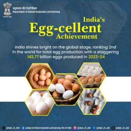 India’s journey to greatness gets an egg-cellent boost!
Ranked 2nd globally, we’ve produced 142.77 billion eggs in 2023-24. That’s food security with a side of success!
#IndiaRanksSecond  #EggProduction