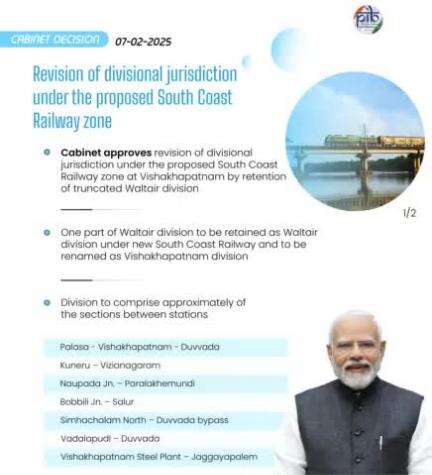 Revision of divisional jurisdiction under the proposed South Coast Railway zone at Vishakhapatnam by retention of truncated Waltair division

#CabinetDecisions