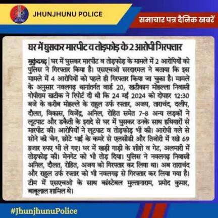 समाचार पत्र दैनिक खबरें #JhunjhunuPolice