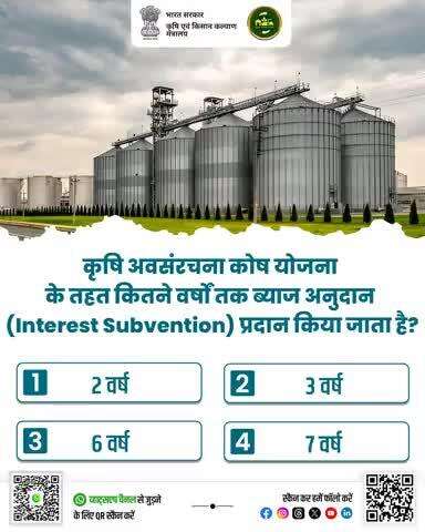कृषि क्विज में हिस्सा लें व परखें अपना ज्ञान!

कृषि अवसंरचना कोष योजना के तहत कितने वर्षों तक ब्याज अनुदान (Interest Subvention) प्रदान किया जाता है?