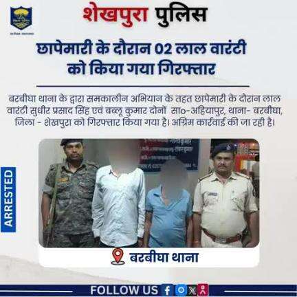 शेखपुरा जिला अंतर्गत बरबीघा थाना के द्वारा समकालीन अभियान के तहत छापेमारी के दौरान 02 लाल वारंटी को गिरफ्तार किया गया..