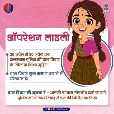 राजस्थान पुलिस बाल विवाह की रोकथाम के लिए चला रही है ऑपरेशन लाडली। 

26 से 30 अप्रैल तक चलने वाले इस 5 दिवसीय अभियान में बाल विवाह के खिलाफ जागरूकता फैलाने, कानूनी कार्रवाई करने और समाज के सभी वर्गों को इस कुप्रथा के प्रति संवेदनशील बनाने क