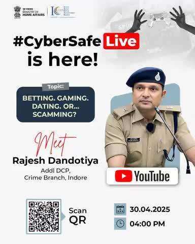 Join us for an enlightening session with Additional DCP Rajesh Dandotiya, in our 16th #CyberSafeLive session.

Join us : https://youtube.com/live/8dhSWxAfT68
