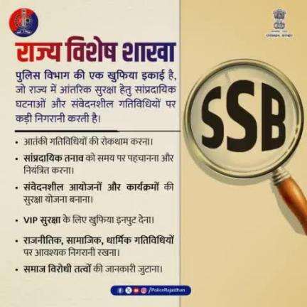 कोई संदिग्ध गतिविधि दिखे, तो तुरंत 100 या 112 या नजदीकी पुलिस थाने को सूचित करें।

#SSB 
#RajasthanPolice
#राज्य_विशेष_शाखा