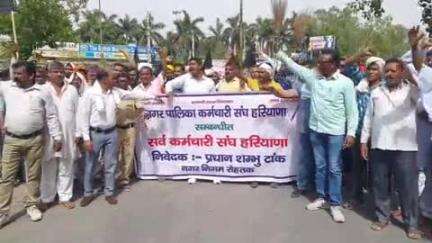 रोहतक: नगर निगम कार्यालय में सफाई कर्मचारियों ने काले झंडे और झाड़ू लेकर किया प्रदर्शन