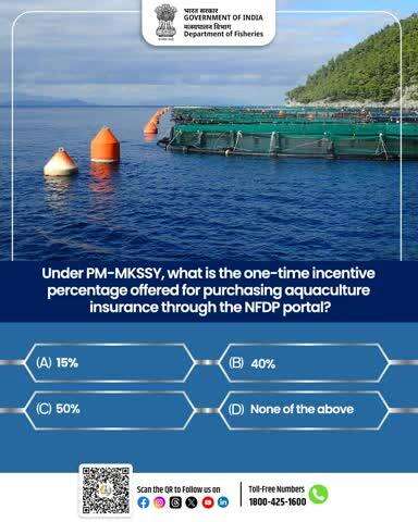 Quiz Time!
Under the PM-MKSSY, what is the one-time incentive percentage offered for purchasing aquaculture insurance through the NFDP portal?