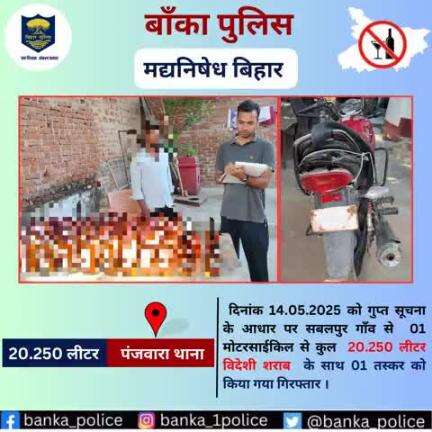Panjwara Thana सबलपुर गाँव से  01 मोटरसाईकिल से कुल  20.250 लीटर विदेशी शराब  के साथ 01 तस्कर को किया गया गिरफ्तार ।