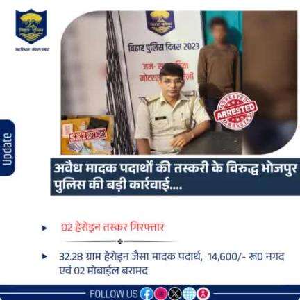 अवैध मादक पदार्थों की तस्करी के विरुद्ध #भोजपुर_पुलिस की बड़ी कार्रवाई....आरा नगर थानान्तर्गत अवैध मादक पदार्थों की तस्करी में संलिप्त 02 अभियुक्त को किया गया गिरफ्तार।