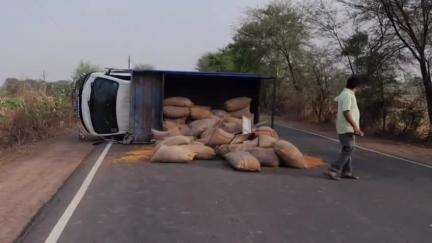 पथरिया: सूखी पिपरिया के पास अनाज से भरा मालवाहक पलटा, चालक बाल-बाल बचा, दमोह-बटियागढ़ मार्ग पर हुआ हादसा