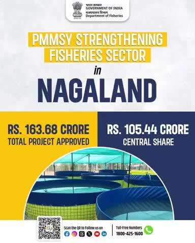 Strengthening fisheries infrastructure in the Northeast!
Under the Pradhan Mantri Matsya Sampada Yojana (PMMSY), a total project cost of ₹163.68 Cr has been approved for Nagaland, with ₹105.44 Cr