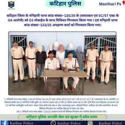 कटिहार जिला के मनिहारी थाना कांड संख्या–135/25 के (बलात्कार एवं SC/ST एक्ट के 04 आरोपी) को 03 मोबाईल के साथ विधिवत गिरफ्तार किया गया I एवं मनिहारी थाना कांड संख्या–133/25 अपहरण कर्ता को गिरफ्तार किया गया।
