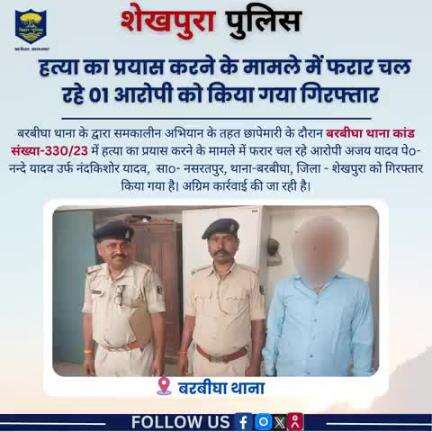 बरबीघा थाना के द्वारा हत्या का प्रयास करने के मामले में फरार चल रहे 01 आरोपी को छापेमारी के दौरान गिरफ्तार किया गया..