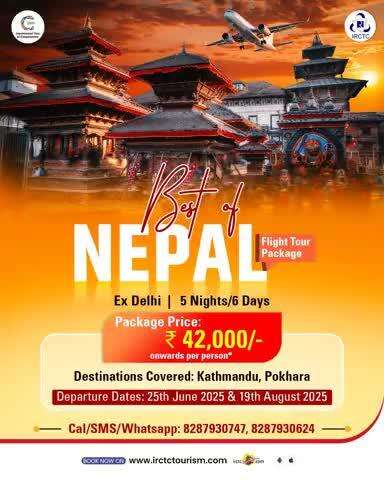 Nepal offers a mind-blowing blend of verdant mountains, soul-stirring revered sites, and a serene ambience. Spend some time in matchless comfort nestled in the lap of nature with IRCTC's 5N/6D package. 
Bookings are open! Confirm today.