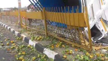 வேலூர்: கொணவட்டம் பெங்களூர் சென்னை தேசிய நெடுஞ்சாலையில் சாலையில் தலை குப்புற கவிழ்ந்த மாங்காய் வேன் அள்ளிச்சென்ற பொதுமக்கள்