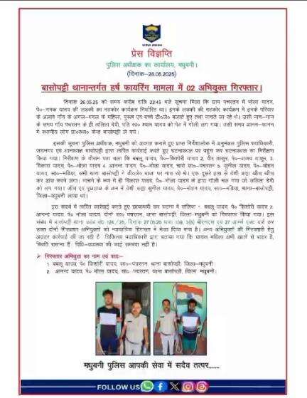 बासोपट्टी थानान्तर्गत हर्ष फायरिंग मामला में 02 अभियुक्त गिरफ्तार।