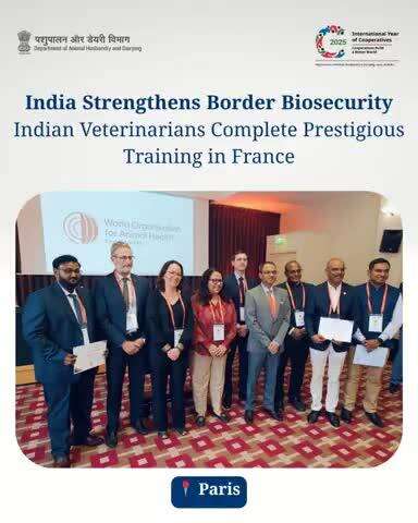 Smt. Alka Upadhyaya, Secretary, DAH&D, GoI, along with Marie-Christine LE GAL, Chief Veterinary Officer of France, jointly awarded certificates at the WOAH 92nd General Session in Paris to Dr. Abhijeet Kumar, Quarantine Officer, AQCS Delhi.