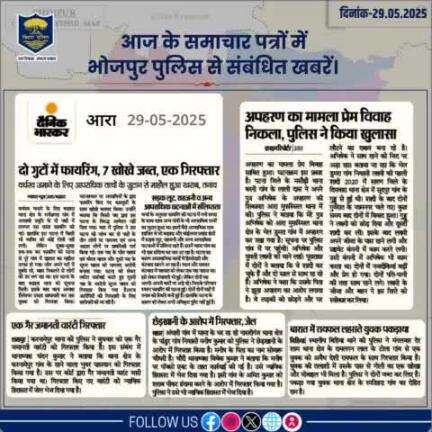 आज के समाचार पत्रों में प्रकाशित #भोजपुर_पुलिस से संबंधित कुछ ख़बरें।
"भोजपुर पुलिस सदैव आपकी सेवा में तत्पर"