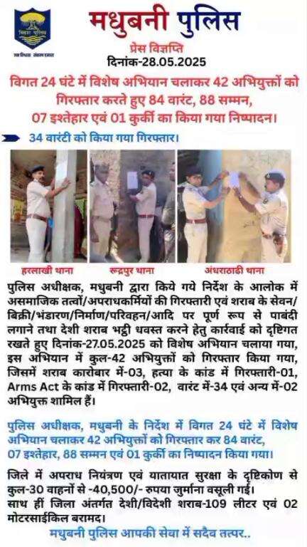 मधुबनी पुलिस द्वारा विगत 24 घंटे में विशेष अभियान चलाया गया।
